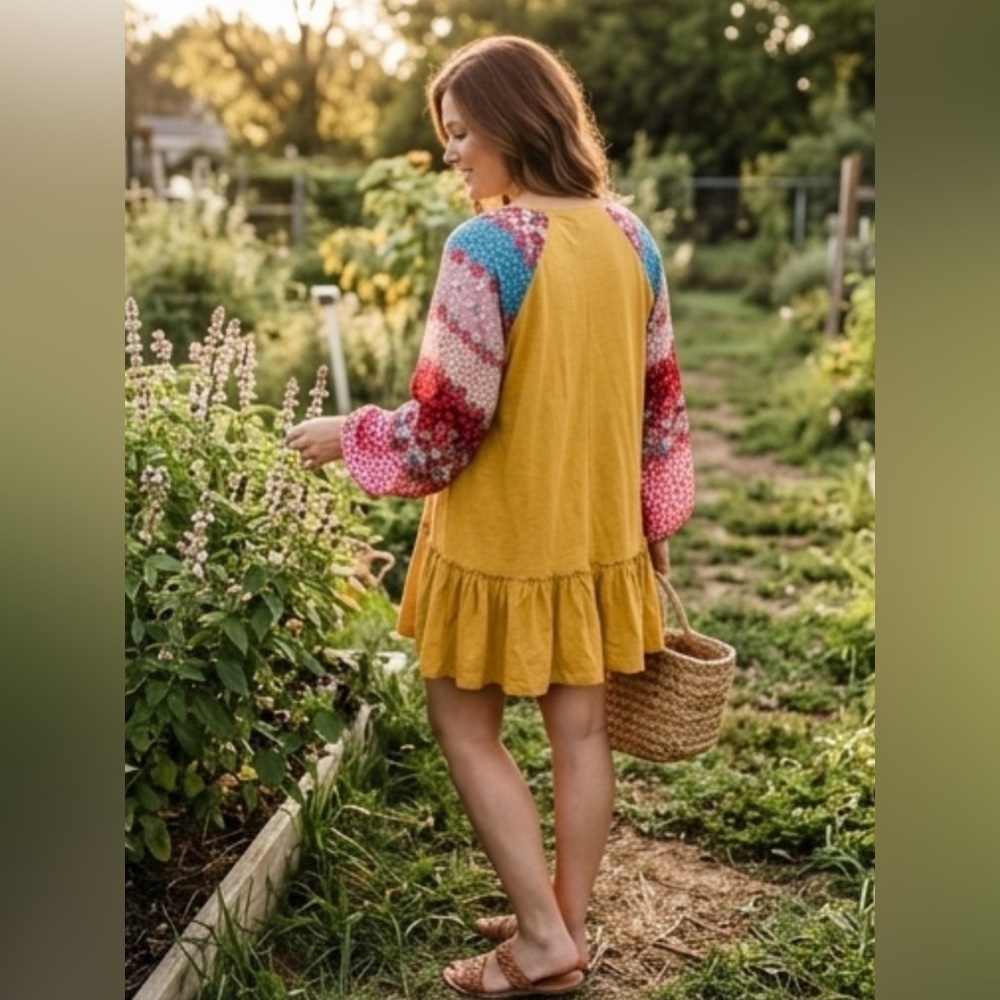 Umgee Boho Floral Babydoll Tunic Dress XL Mustard Yellow Bell Sleeve Peasant